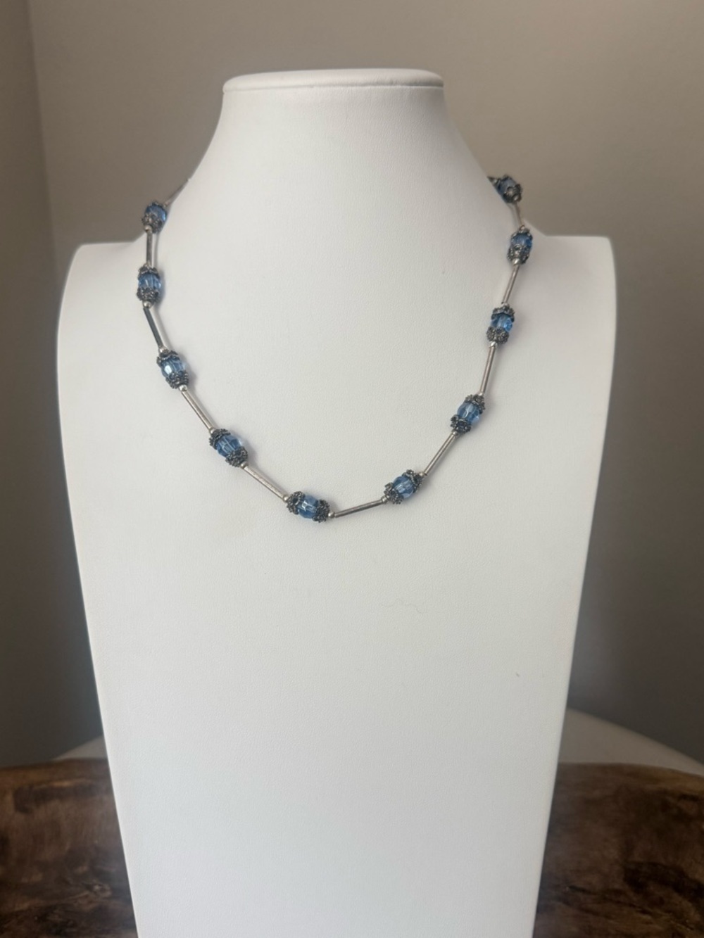 Vintage Blue Beads and Silver Tubes Beaded Necklace